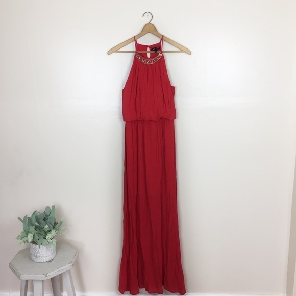 [As U Wish] Red Sleeveless Maxi High Halter Neck Dress - Picture 1 of 8